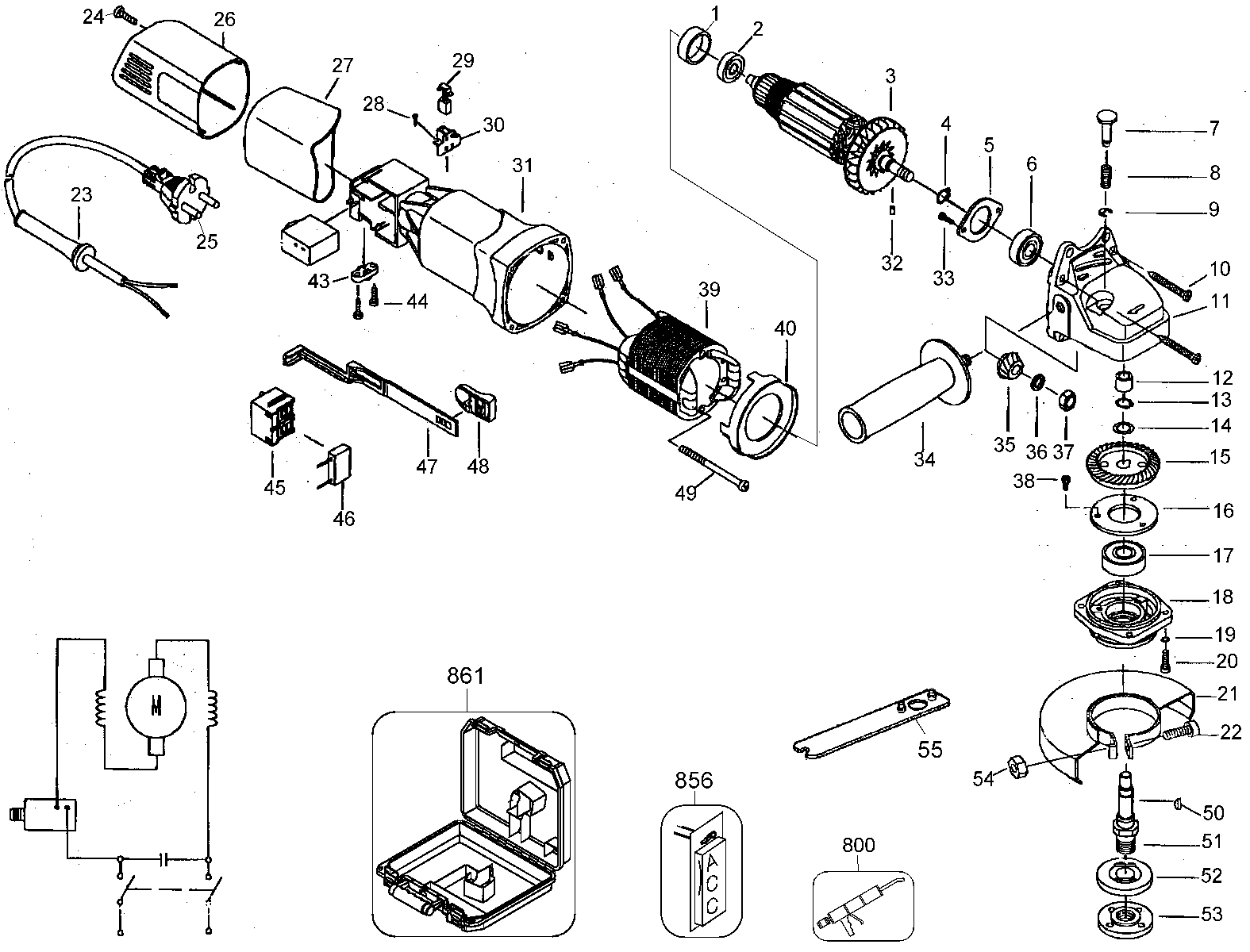 Default Diagram and Parts List for G720K-AR Type 1 Black and Decker Angle Grinder